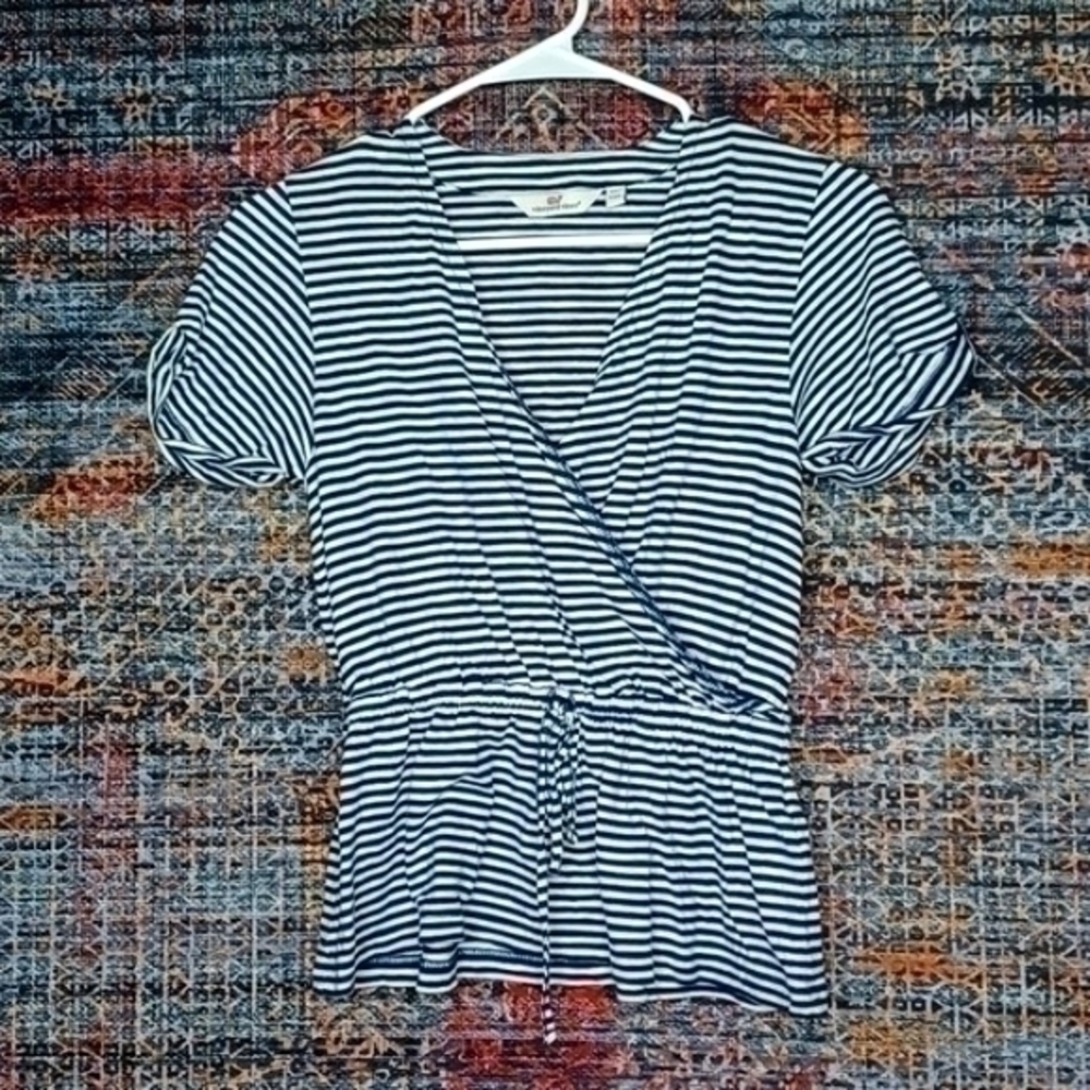 Vineyard Vines womens navy white striped Caution Wind pima faux wrap top XXS EUC
